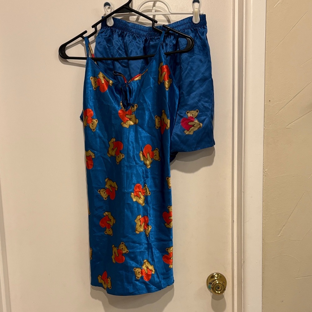 Addiction Blue Satin Teddy Print Sleep Set with Red and Gold Accents